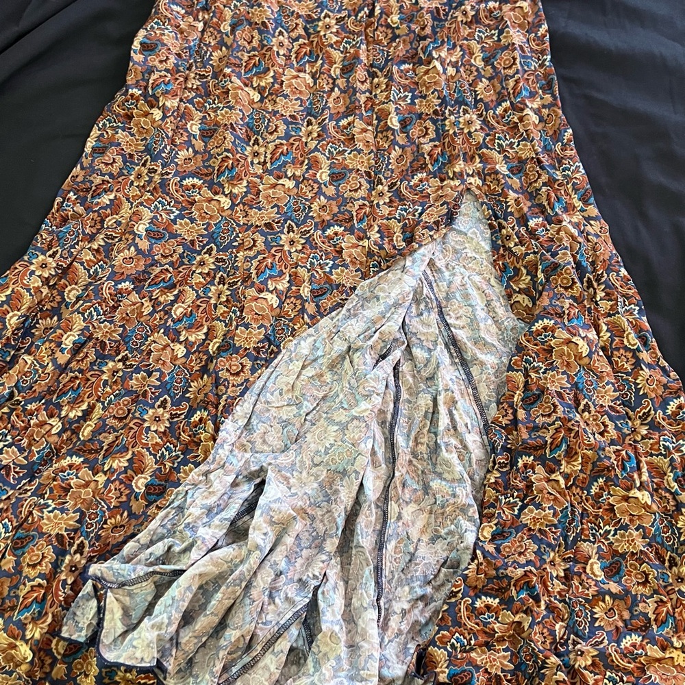 Idyllwind Brown and Orange Maxi A-Line Skirt with Asymmetrical Ruffles